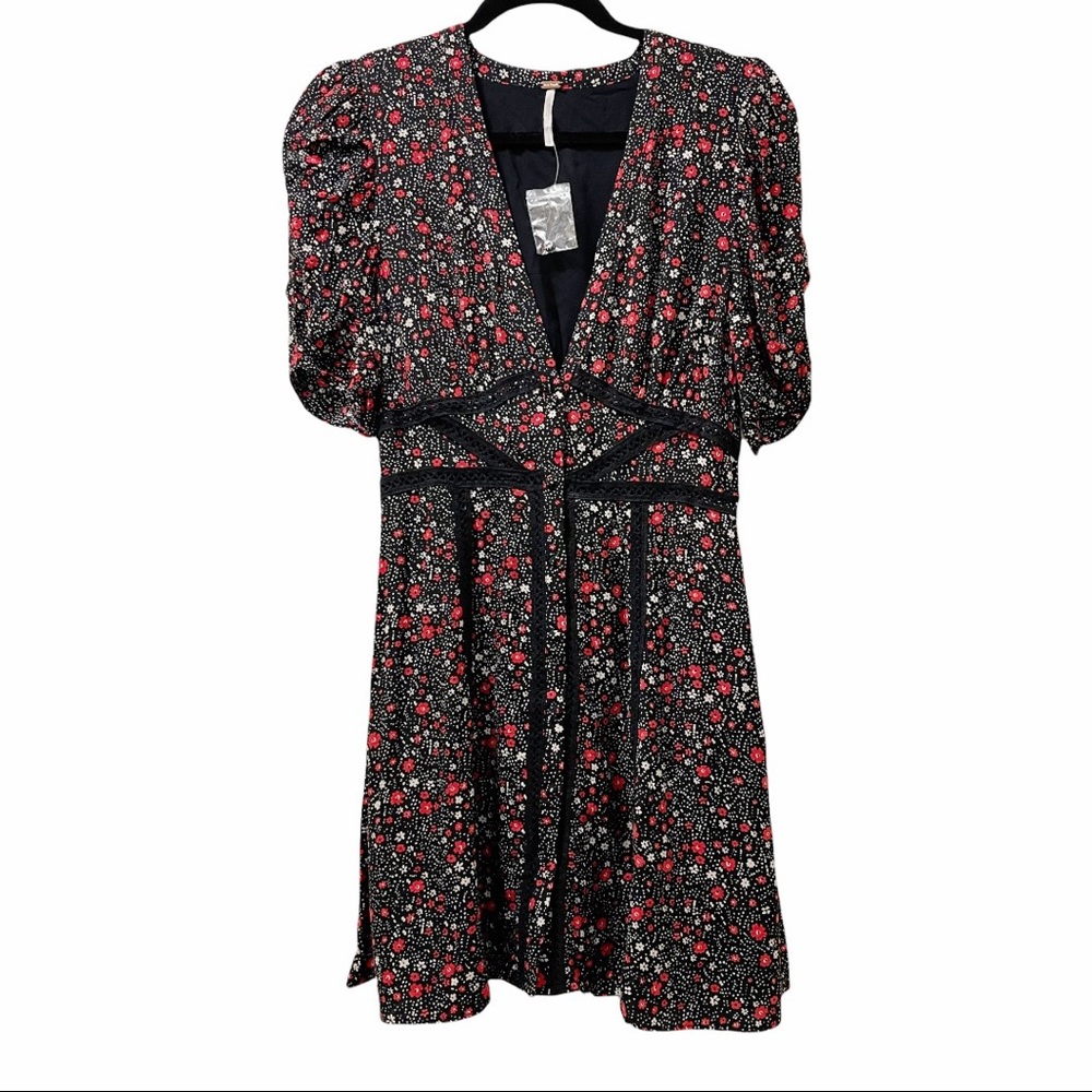 NWOT Free People Pockets Black Mini Floral Crochet Trim Dress